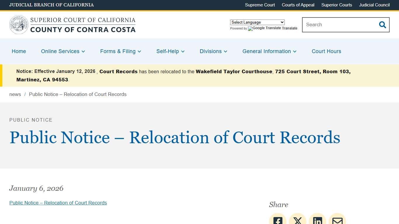 Public Notice – Relocation of Court Records Superior Court of California County of Contra Costa
